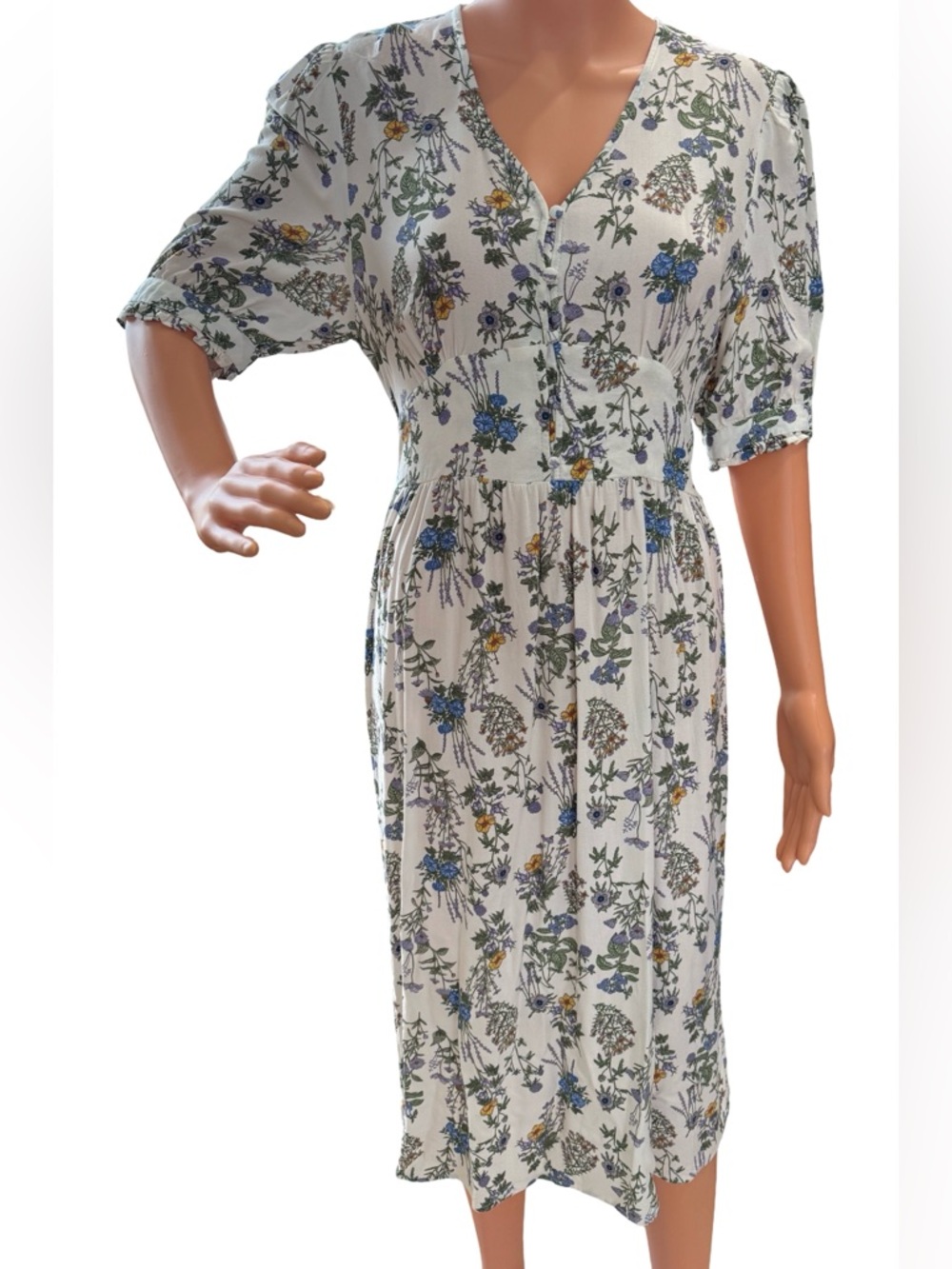 Time and Tru White Floral Midi Dress with Blue and Green Accents